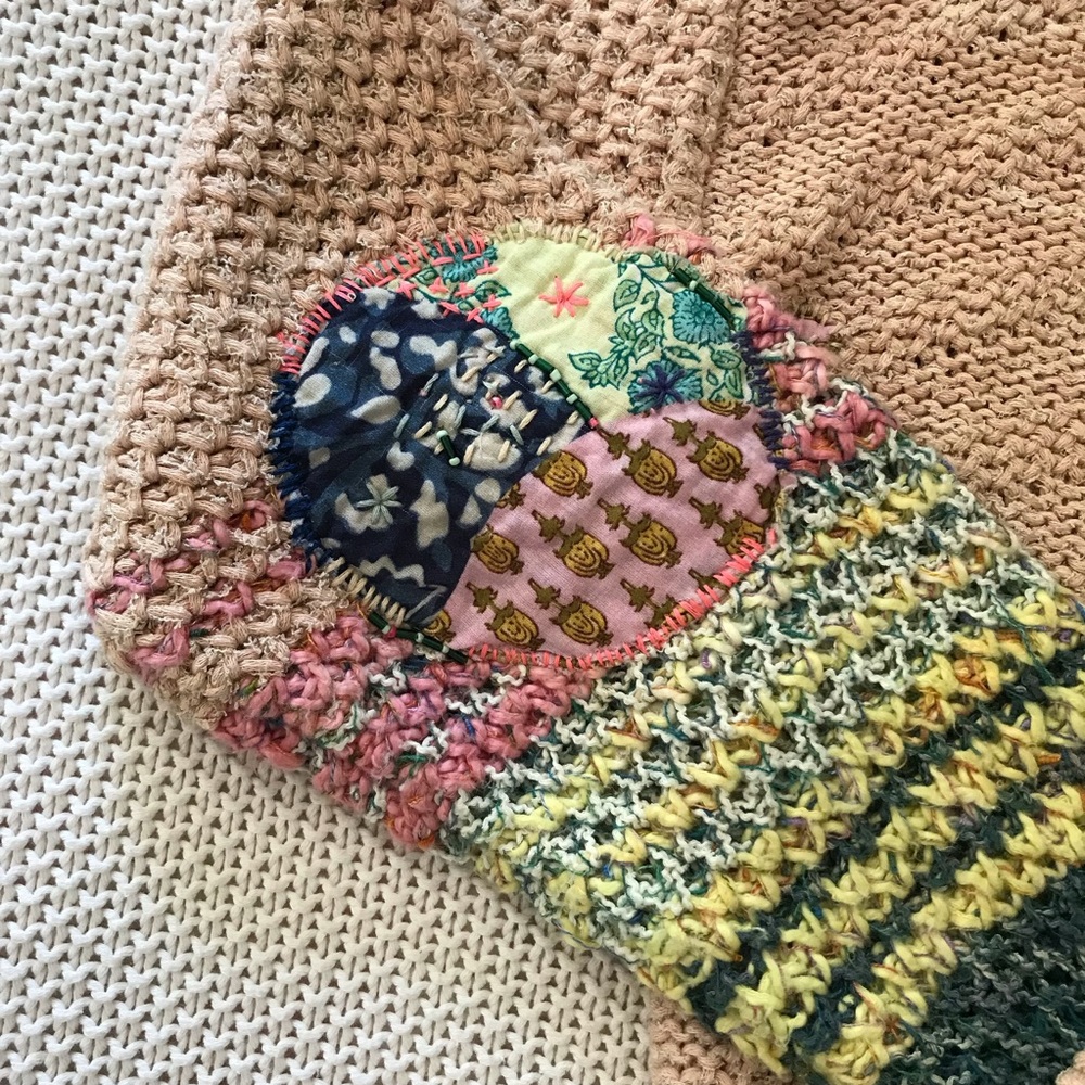 Anthropologie Pink Embroidered Patchwork Knit Sweater - Picture 5 of 6